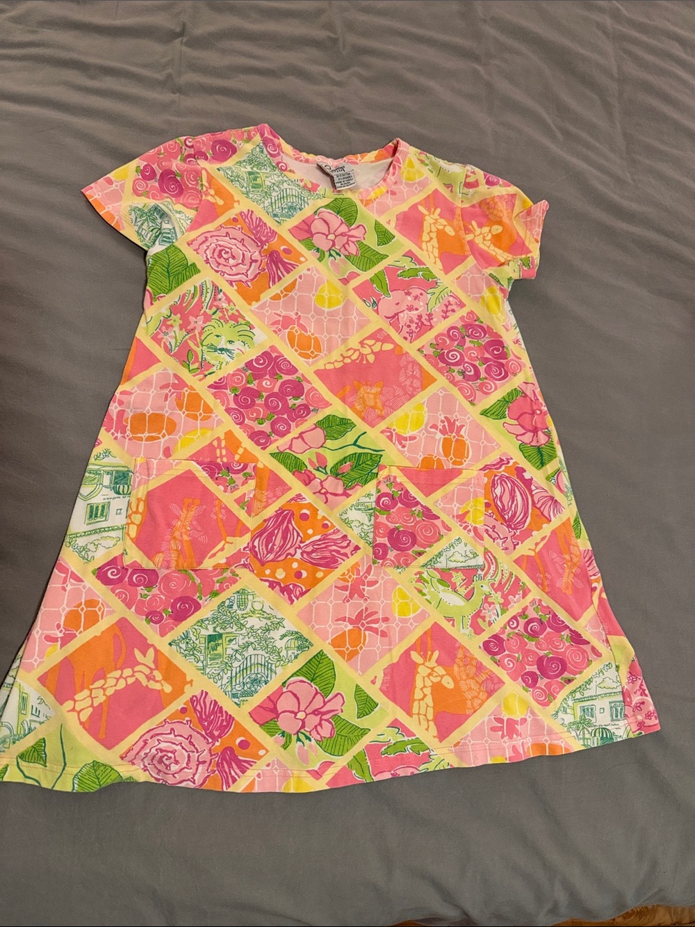 Girls Knit Bright Patchwork Floral A-Line Dress - Pink, Yellow, Green size 6